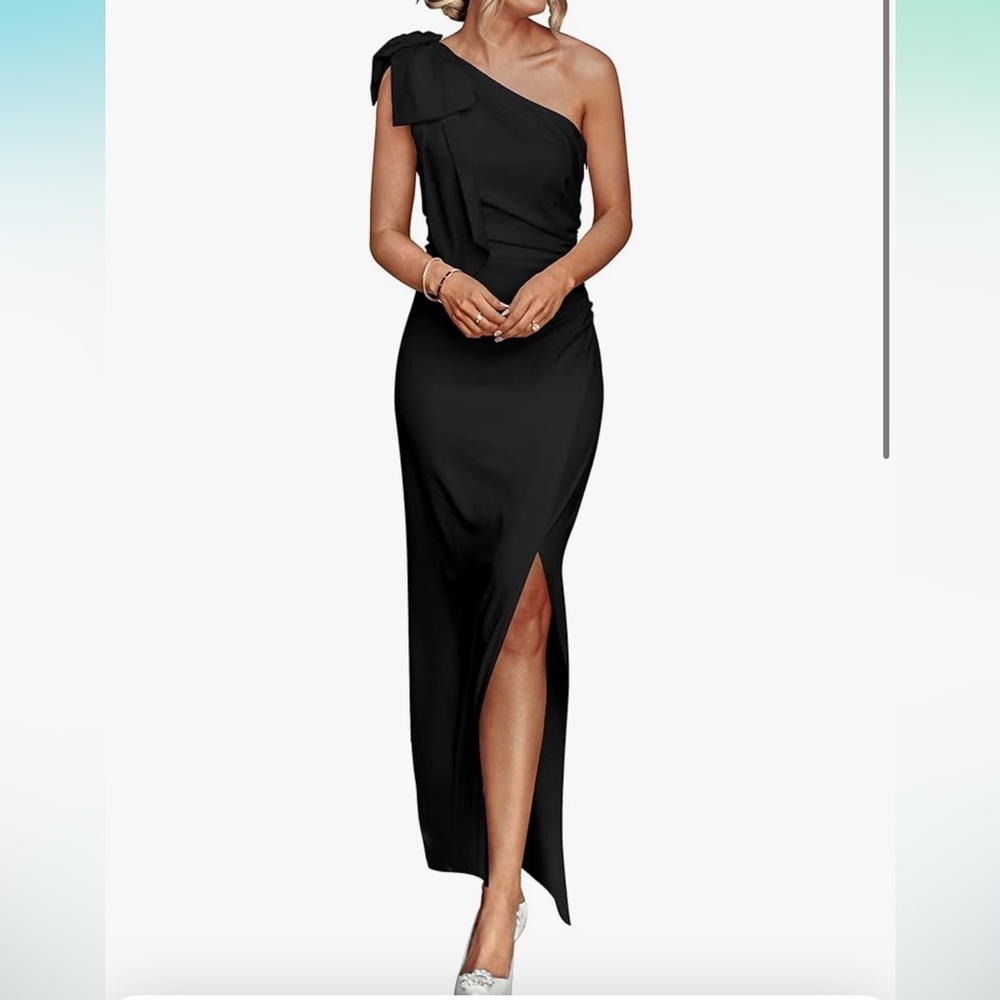 Womens one shoulder black formal dress with leg slit